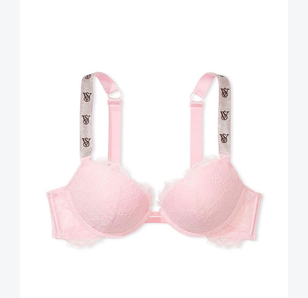 Victorias Secret Bra Bombshell Shine Strap Rose Lace Blossom Push-Up 34D NWOT